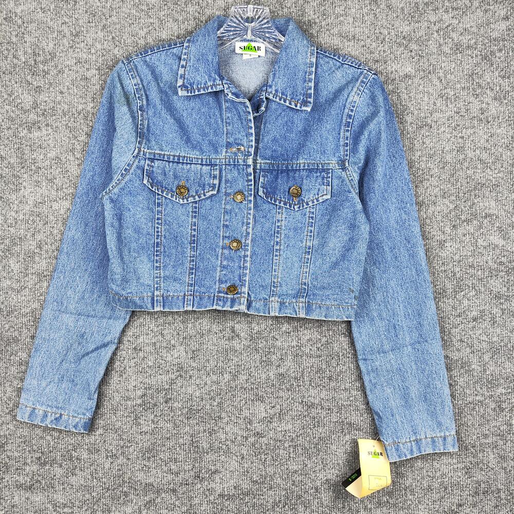 Sugar Denim Jacket Womens Small Blue Cropped Jean Trucker Button Front USA